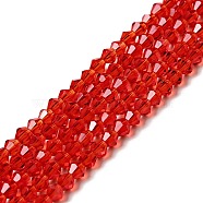 Imitation Austrian Crystal 5301 Bicone Beads, Faceted Glass Beads Strands, Red, 3x3~3.5mm, Hole: 0.5mm, about 125~130pcs/strand, 15.5 inch(X-GLAA-S026-3mm-11)