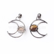 Natural Tiger Eye Pendants, with Brass Findings, Moon, Antique Silver, 38~38.5x30~31x6~7mm, Hole: 5x7mm(G-F639-07H)