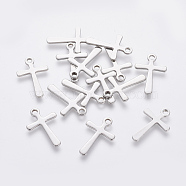 201 Stainless Steel Tiny Cross Charms, Stainless Steel Color, 15x10x0.7mm, Hole: 1.4mm(STAS-L233-081P)