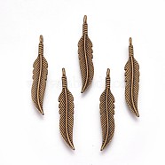 Tibetan Style Alloy Pendants, Leaf, Cadmium Free & Nickel Free & Lead Free, Antique Bronze, 37x7x5mm, Hole: 2mm(X-TIBEP-Q064-43AB-NR)