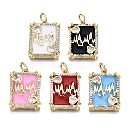 Brass Micro Pave Clear Cubic Zirconia Pendants, with Enamel and Jump Rings, Cadmium Free & Nickel Free & Lead Free, Real 16K Gold Plated, for Mother's Day, Rectangle with Word Mama & Heart, Mixed Color, 19.5x14.5x3mm, Jump Ring: 5x1mm, 3mm inner diameter(ZIRC-S067-009-NR)