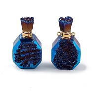 Electroplated Natural Druzy Agate Openable Perfume Bottle Pendants, Faceted Perfume Bottle Charms, with Golden Tone Brass Findings, Blue Plated, 35~37.5x20x13.5~14.5mm, Hole: 1.8mm(G-L524-10G-02)
