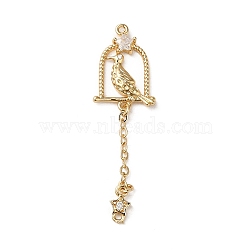 Brass Micro Pave Clear Cubic Zirconia Connector Charms, Birdcage with Bird Links, Golden, 48x14x3mm, Hole: 1.2mm(KK-F865-16G)