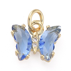 Brass Micro Pave Clear Cubic Zirconia Pendant, with Glass, Butterfly, Golden, Cornflower Blue, 12.5mm(ZIRC-P079-B01-08)