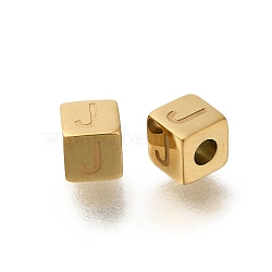 Ion Plating(IP) 304 Stainless Steel Beads, Cube with Letter, Real 14K Gold Plated, Letter J, 5x5x5mm, Hole: 2mm(STAS-F308-01G-J)