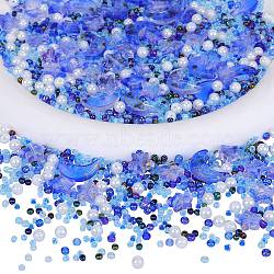 2 Bag Glass & Seed Beads, with Glitter Powder, Imitation Pearl & Transparent & Inside Colours, Moon & Star & Round, Cornflower Blue, 2~16x2~11.5mm, Hole: 0.8~1.2mm(GLAA-SZC0001-94F)