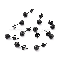 304 Stainless Steel Stud Earring Findings, with Ear Nuts, Textured Round, Electrophoresis Black, 17x6mm, Pin: 0.7mm(STAS-I183-09A-EB)