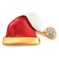 Christmas Theme Enamel Pins, Alloy Rhinestone Brooches for Backpack Clothes, Christmas Hat, Golden, 34x51mm(JEWB-S022-04E-G)