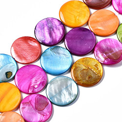 Natural Freshwater Shell Beads Strands, Dyed, Flat Round, Mixed Color, 25x25x3mm, Hole: 1mm, about 16pcs/strand, 15.20~15.55 inch(38.6~39.5cm)(SHEL-Q024-005)
