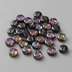 Transparent Electroplated UV Plating Glass Beads, Iridescent, Flat Round with Letter, Letter A, 10x4.5mm, Hole: 1mm(GLAA-TAC0024-12D-A)