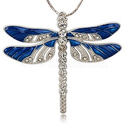Alloy Enamel Dragonfly Big Pendants, with Crystal Rhinestone, Platinum, Royal Blue, 57x64x5mm, Hole: 2mm(X-ENAM-L034-03P)