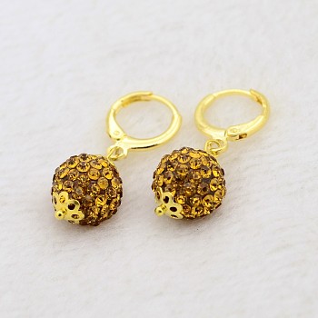 Dangling Round Ball Resin Rhinestone Earrings, with Golden Plated Brass Leverback Hoop Earring Settings, Topaz, 30mm, Pin: 1mm