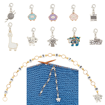 1 Set Acrylic Number Bead Knitting Row Counter Chains & Alloy Enamel Sheep & Woven Theme Charm Locking Stitch Markers, Mixed Color, Chain: 27cm, 1pc/set, Marker: 2.6~4.5cm, 10pcs/set