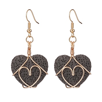 Heart Natural Lava Rock Dangle Earrings for Women, Copper Wire Wrapped Bead Essential Oil Earring, Real 18K Gold Plated, 50mm, Pin: 0.9mm