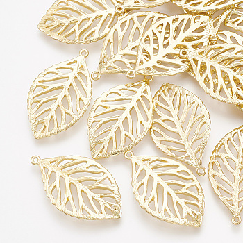 Brass Pendants, Leaf, Real 18K Gold Plated, 23x13x1mm, Hole: 0.8mm
