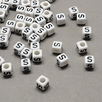 Large Hole Acrylic Letter European Beads, Horizontal Hole, White & Black, Cube with Letter.S, 6x6x6mm, Hole: 4mm, about 2950pcs/500g