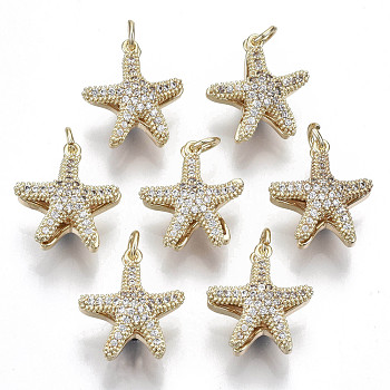 Brass Micro Pave Clear Cubic Zirconia Pendants, with Loop, Star, Nickel Free, Real 18K Gold Plated, Clear, 17x15x8mm, loop: 5x1mm thick, 3.5mm inner diameter