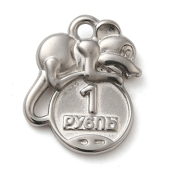 304 Stainless Steel Pendants, Souvenir Mouse Charm, Stainless Steel Color, 18x15x3.5mm, Hole: 2mm