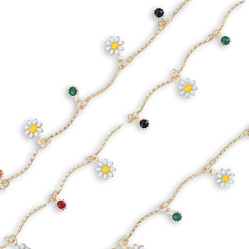 Handmade Golden Brass Curved Bar Link Chains, with Enamel Flower & Sun Charms, Unwelded, with Spool, Nickel Free, Colorful, 4x2x0.5mm, about 16.40 Feet(5m)/Roll