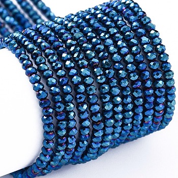 Electroplate Glass Beads Strands, Full Plated, Faceted, Rondelle, Blue Plated, 2x1.5mm, Hole: 0.6mm, about 220~230pcs/Strand, 13.78~14.17 inch(35~36cm)