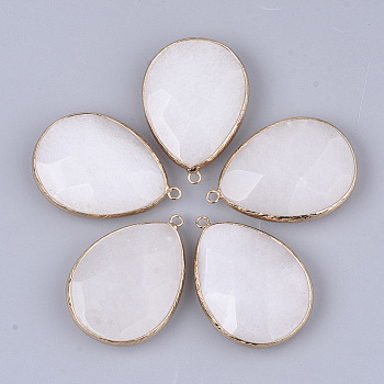 Natural White Jade Pendants, with Brass Findings, Faceted, teardrop, Golden, 44~45x31~32x9~12mm, Hole: 2mm