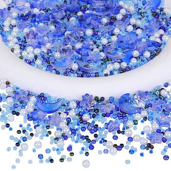 2 Bag Glass & Seed Beads, with Glitter Powder, Imitation Pearl & Transparent & Inside Colours, Moon & Star & Round, Cornflower Blue, 2~16x2~11.5mm, Hole: 0.8~1.2mm