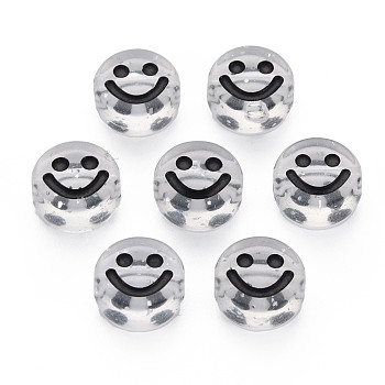 Transparent Acrylic Beads, with Glitter Powder, Flat Round with Black Enamel Smile Face, Clear, 10x5mm, Hole: 2mm, about 1450pcs/500g