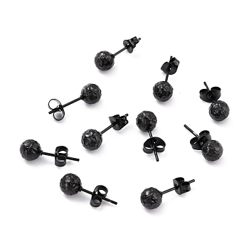 304 Stainless Steel Stud Earring Findings, with Ear Nuts, Textured Round, Electrophoresis Black, 17x6mm, Pin: 0.7mm