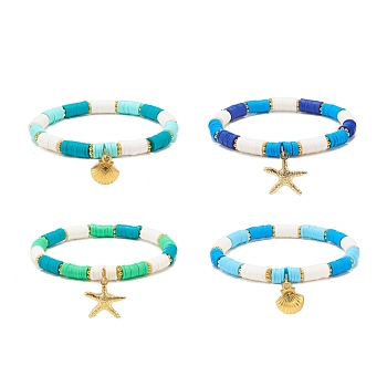 4Pcs 4 Style Handmade Polymer Clay Heishi Surfer Stretch Bracelets Set, Shell & Starfish Shape Alloy Charms Stackable Bracelets for Women, Mixed Color, Inner Diameter: 2-1/4 inch(5.8cm), 1Pc/style