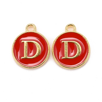 Golden Plated Alloy Enamel Charms, Cadmium Free & Lead Free, Enamelled Sequins, Flat Round, Red, Letter.D, 14x12x2mm, Hole: 1.5mm