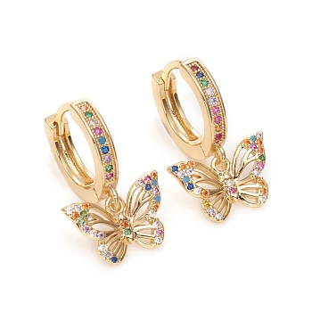 Brass Micro Pave Cubic Zirconia Huggie Hoop Earrings, Long-Lasting Plated, Butterfly, Colorful, Golden, 24.5mm, Pin: 1mm