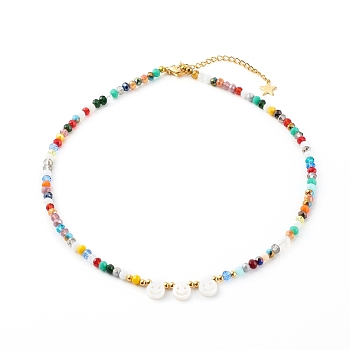 Electroplate Glass Beads Necklace, with Natural Freshwater Shell Beads, 304 Stainless Steel Lobster Claw Clasps, Colorful, 44.5cm