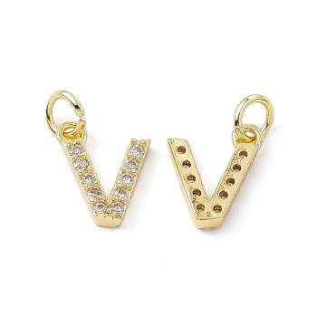 Real 18K Gold Plated Brass Micro Pave Clear Cubic Zirconia Charms, with Jump Ring, Letter.V, 11x9.5x2.5mm, Hole: 3.4mm