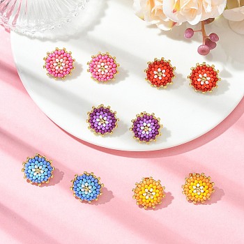 Glass Seed Bead Stud Earrings, Flower, with 304 Stainless Steel Stud Earring Findings, Mixed Color, 18.5~19mm