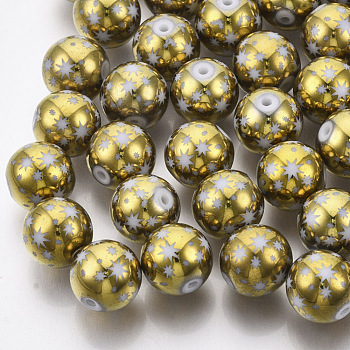 Christmas Electroplate Glass Beads, Round with Star Pattern, Golden Plated, 10mm, Hole: 1.2mm