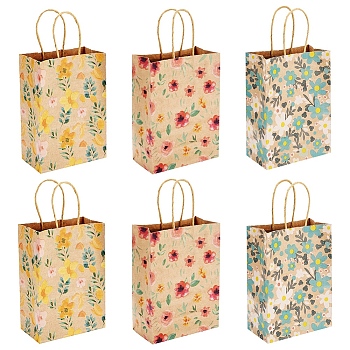 6Pcs 3 Styles Flower Print Kraft Paper Handbags, Flowers Storage Paper Gift Bags for Wedding Party Gift Wrapping Bags, Rectangle, Mixed Color, Unfold: 8x14.9x21cm, 2pcs/style
