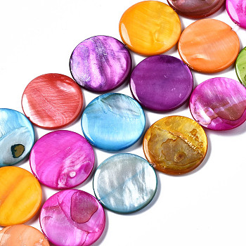 Natural Freshwater Shell Beads Strands, Dyed, Flat Round, Mixed Color, 25x25x3mm, Hole: 1mm, about 16pcs/strand, 15.20~15.55 inch(38.6~39.5cm)