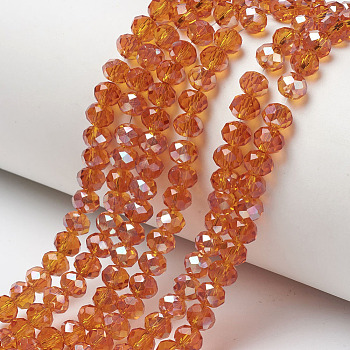 Electroplate Glass Beads Strands, Half Plated, Rainbow Plated, Faceted, Rondelle, Dark Orange, 4x3mm, Hole: 0.4mm, about 123~127pcs/strand, 16.5~16.9 inch(42~43cm)