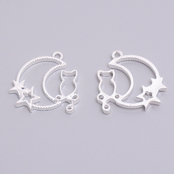 Alloy Open Back Bezel Pendants, for DIY UV Resin, Epoxy Resin, Pressed Flower Jewelry, Moon with Cat & Star, Cadmium Free & Lead Free, Silver, 29x28.5x3mm, Hole: 2mm