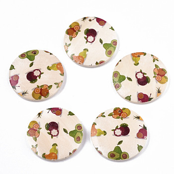 Fruit Seris Printed Wood Pendants, Flat Round with Mangosteen Pattern, Seashell Color, 50x5mm, Hole: 1.6mm