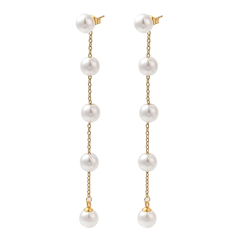 304 Stainless Steel with Plastic Pearl Stud Dangle Earrings, Round, Golden, 90x6mm