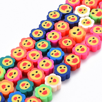 Handmade Polymer Clay Beads Strands, for DIY Jewelry Crafts Supplies, Flower with Smiling Face, Mixed Color, 9x9~10x4~5mm, Hole: 1.6mm, about 37~39pcs/strand, 13.39 inch~14.17 inch(34~36cm)
