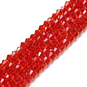 Imitation Austrian Crystal 5301 Bicone Beads, Faceted Glass Beads Strands, Red, 3x3~3.5mm, Hole: 0.5mm, about 125~130pcs/strand, 15.5 inch
