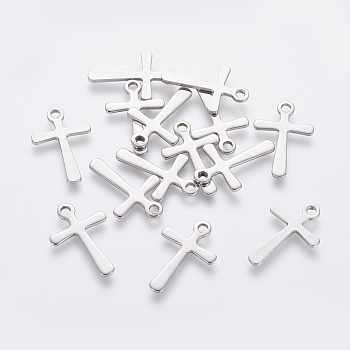 201 Stainless Steel Tiny Cross Charms, Stainless Steel Color, 15x10x0.7mm, Hole: 1.4mm