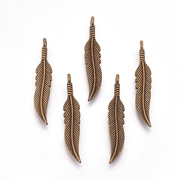 Tibetan Style Alloy Pendants, Leaf, Cadmium Free & Nickel Free & Lead Free, Antique Bronze, 37x7x5mm, Hole: 2mm