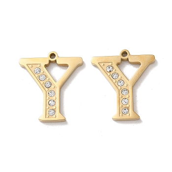 Real 14K Gold Plated 304 Stainless Steel Pendants, with Rhinestone, Letter Y, 17.5x15.5x2mm, Hole: 1.2mm