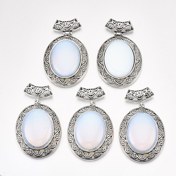 Opalite Big Pendants, with Alloy Findings, Oval, Antique Silver, 60x46x15mm, Hole: 8x5mm