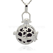 Silver Color Plated Brass Hollow Round Cage Pendants, with No Hole Spray Painted Brass Round Ball Beads, Black, 36x25x21mm, Hole: 3x8mm(KK-J226-03S)