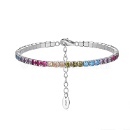 Rhodium Plated Real Platinum Plated 925 Sterling Silver Link Chain Bracelet, Cubic Zirconia Tennis Bracelets, with S925 Stamp, Colorful, 6-5/8 inch(16.8cm)(BJEW-P311-01P-02)