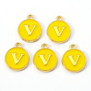 Golden Plated Alloy Enamel Charms, Enamelled Sequins, Flat Round with Letter, Gold, Letter.V, 14x12x2mm, Hole: 1.5mm(ENAM-S118-09V)